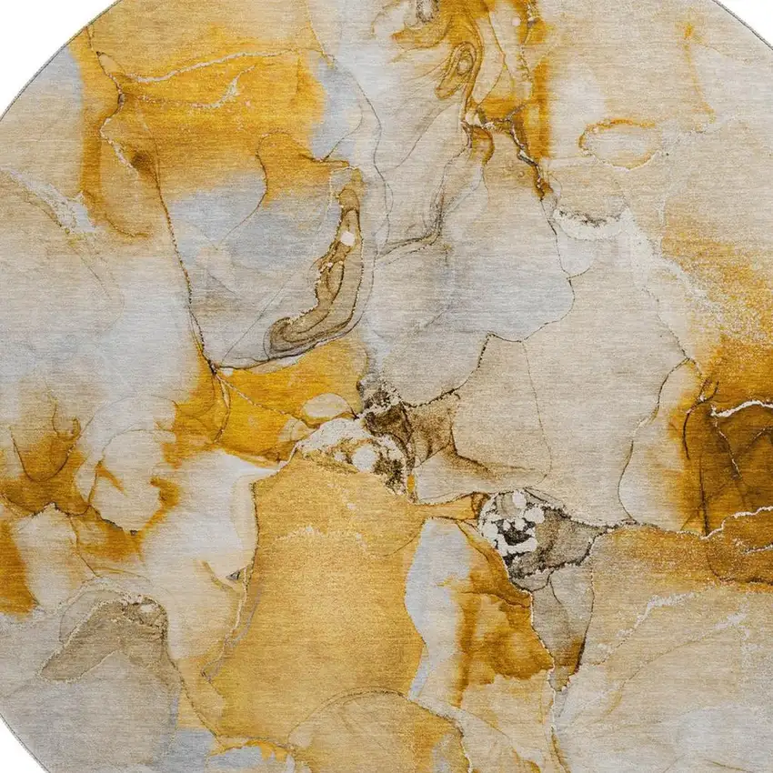 8' Orange And Ivory Abstract Washable Round Rug With UV Protection Photo 3