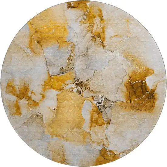 8' Orange And Ivory Abstract Washable Round Rug With UV Protection Photo 1