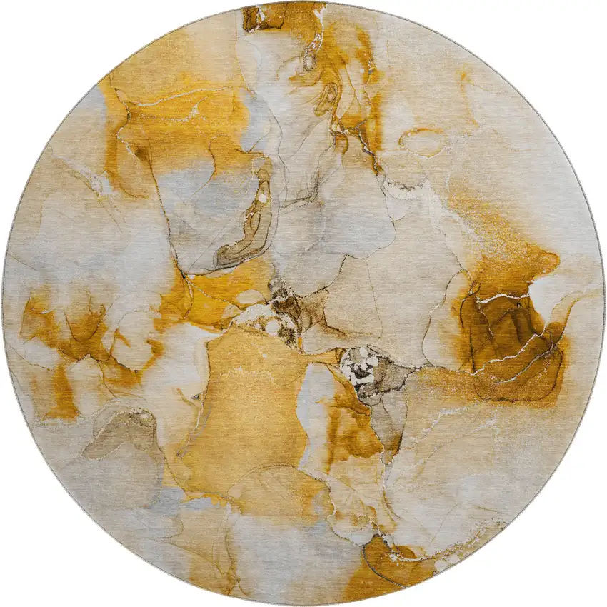 8' Orange And Ivory Abstract Washable Round Rug With UV Protection Photo 1