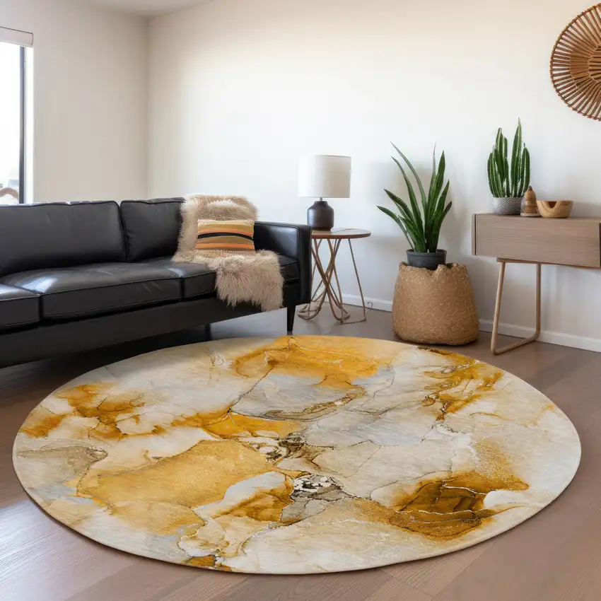 8' Orange And Ivory Abstract Washable Round Rug With UV Protection Photo 5
