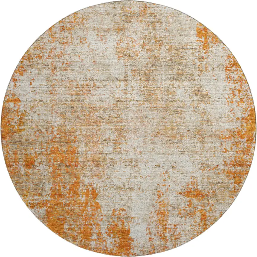 8' Orange And Ivory Abstract Washable Round Rug With UV Protection Photo 1