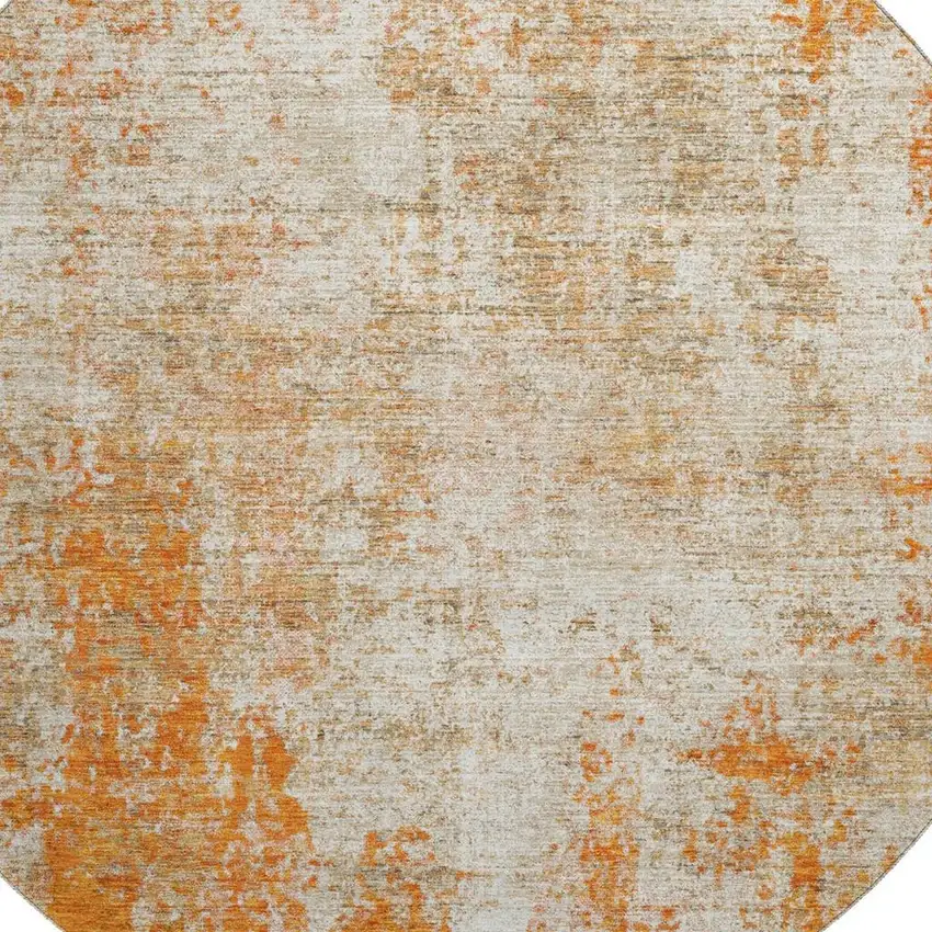 8' Orange And Ivory Abstract Washable Round Rug With UV Protection Photo 2