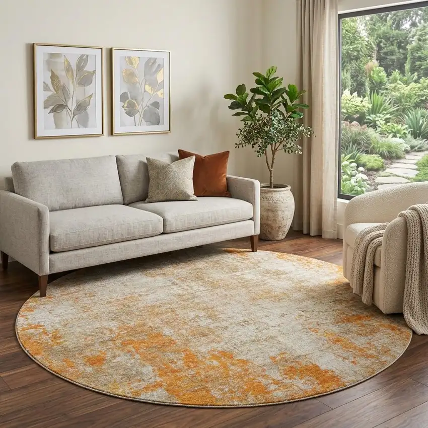 8' Orange And Ivory Abstract Washable Round Rug With UV Protection Photo 1
