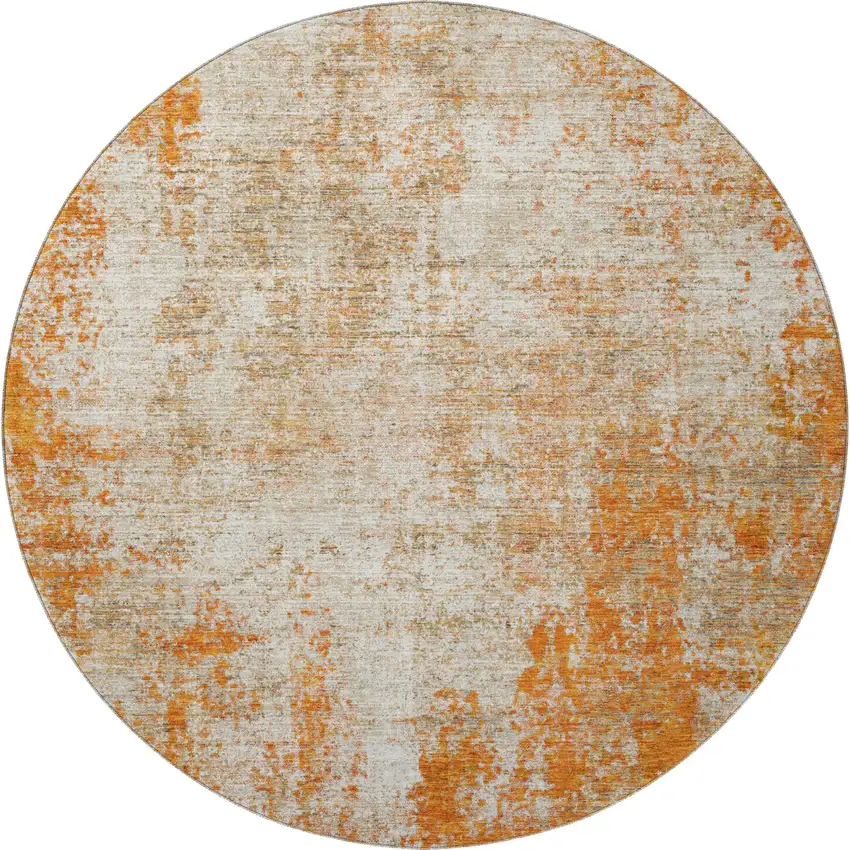8' Orange And Ivory Abstract Washable Round Rug With UV Protection Photo 3