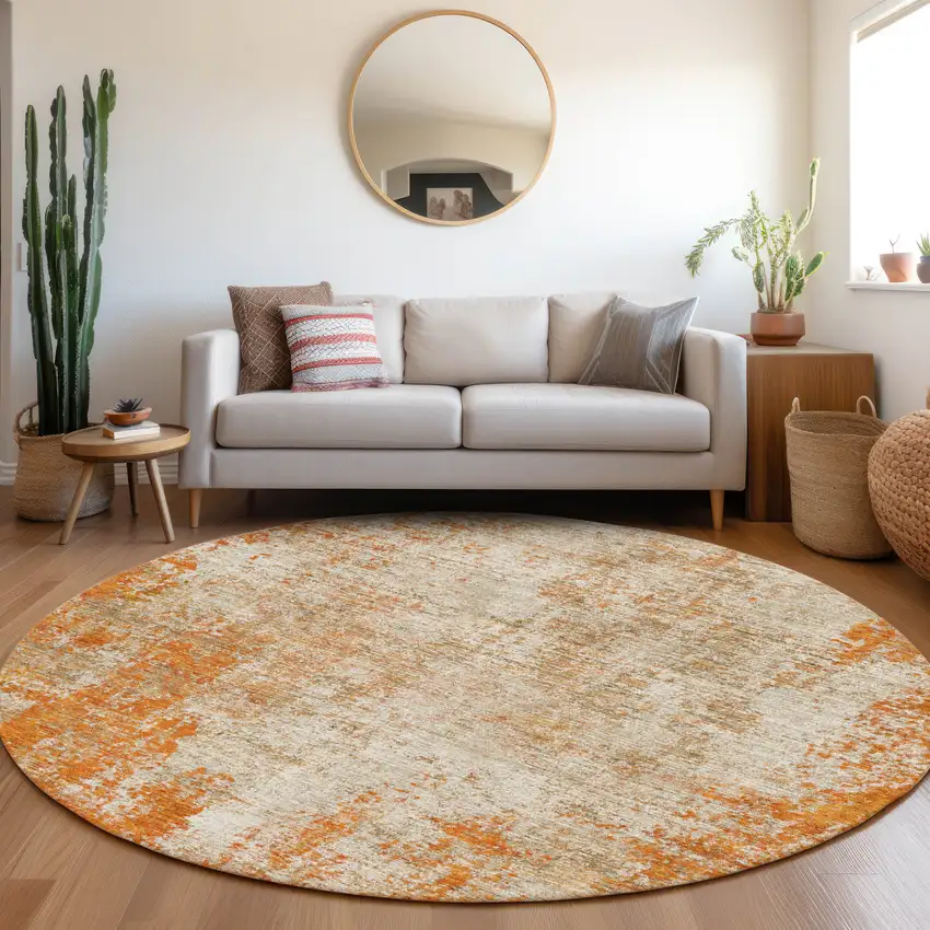 8' Orange And Ivory Abstract Washable Round Rug With UV Protection Photo 4