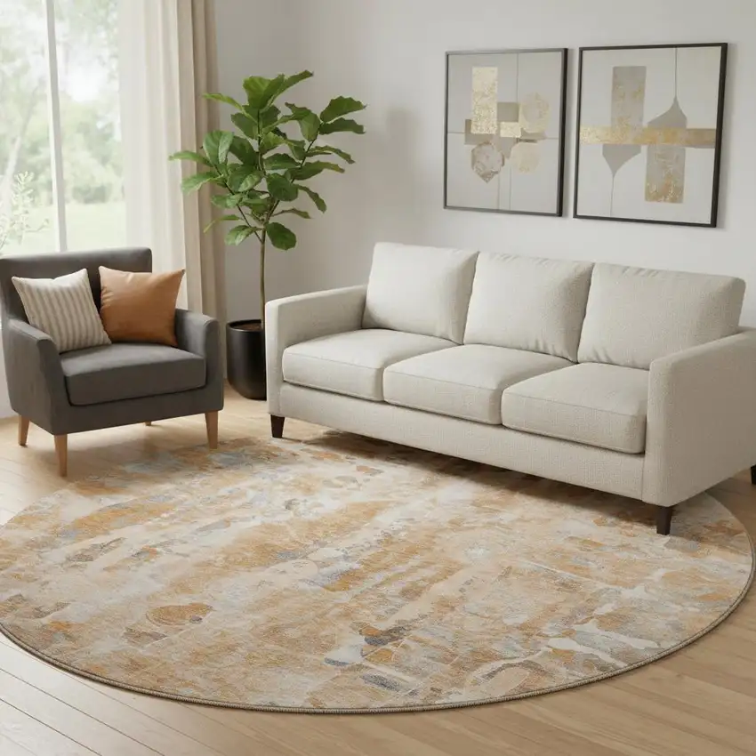 8' Orange And Ivory Abstract Washable Round Rug With UV Protection Photo 2