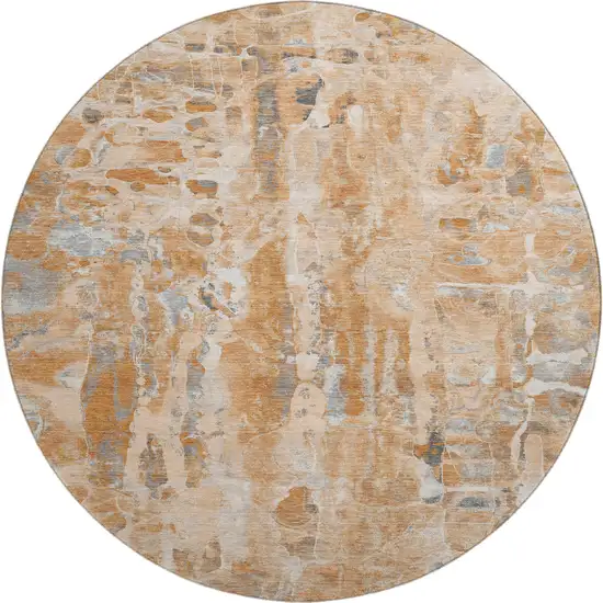8' Orange And Ivory Abstract Washable Round Rug With UV Protection Photo 1
