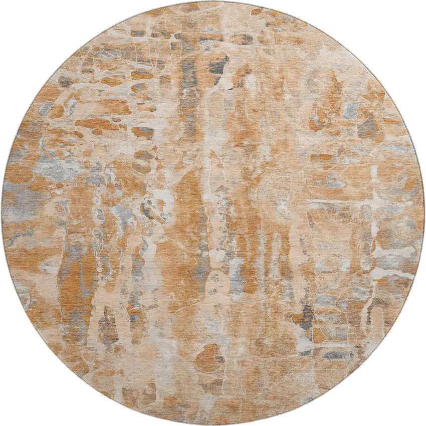 8' Orange And Ivory Abstract Washable Round Rug With UV Protection Photo 1