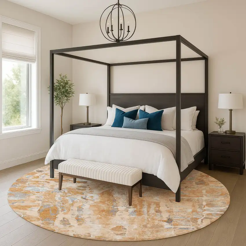 8' Orange And Ivory Abstract Washable Round Rug With UV Protection Photo 5