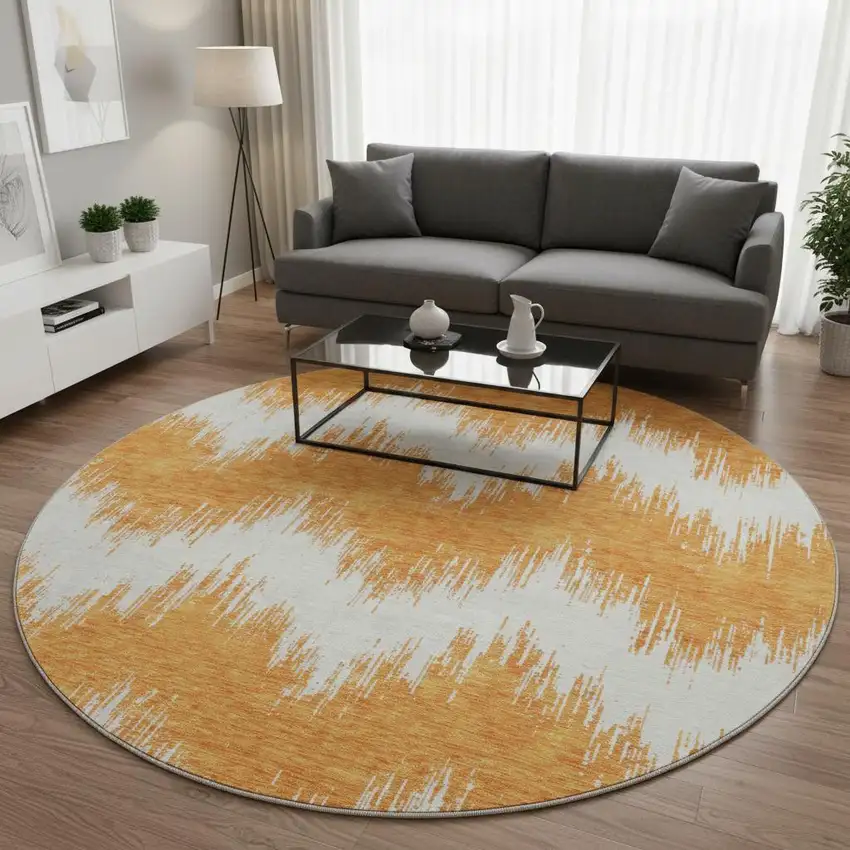 8' Orange And Ivory Chevron Washable Round Rug With UV Protection Photo 2