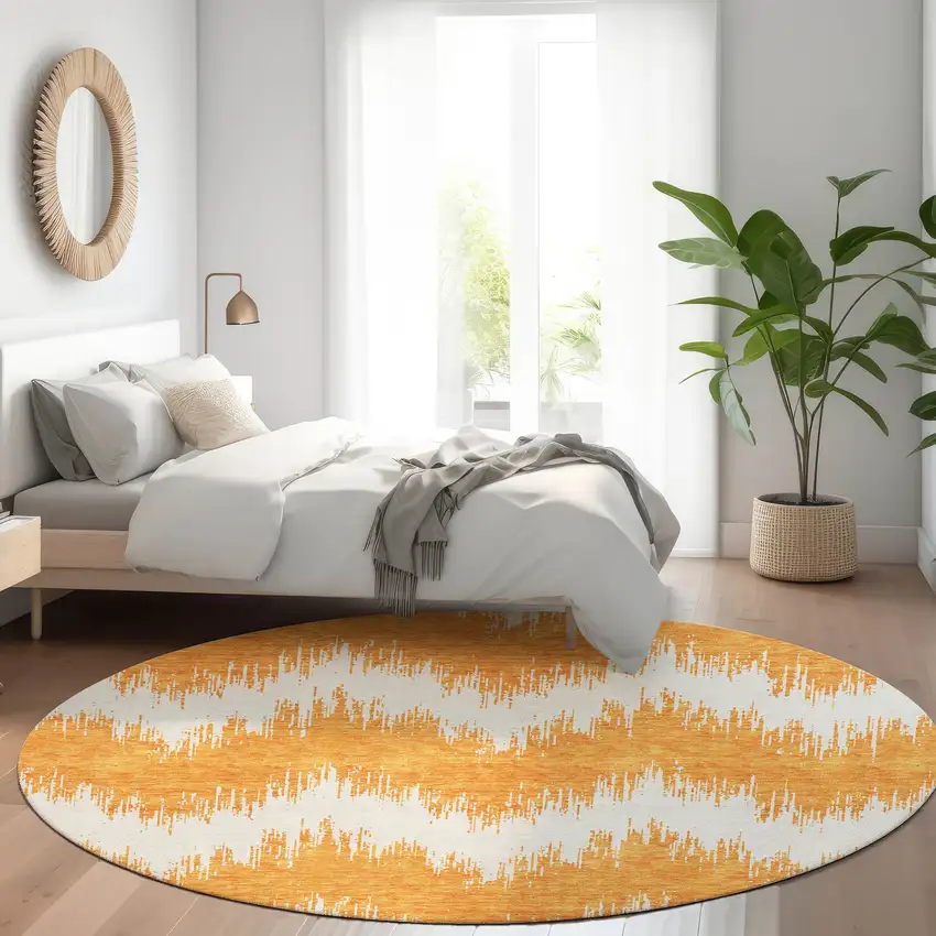 8' Orange And Ivory Chevron Washable Round Rug With UV Protection Photo 5