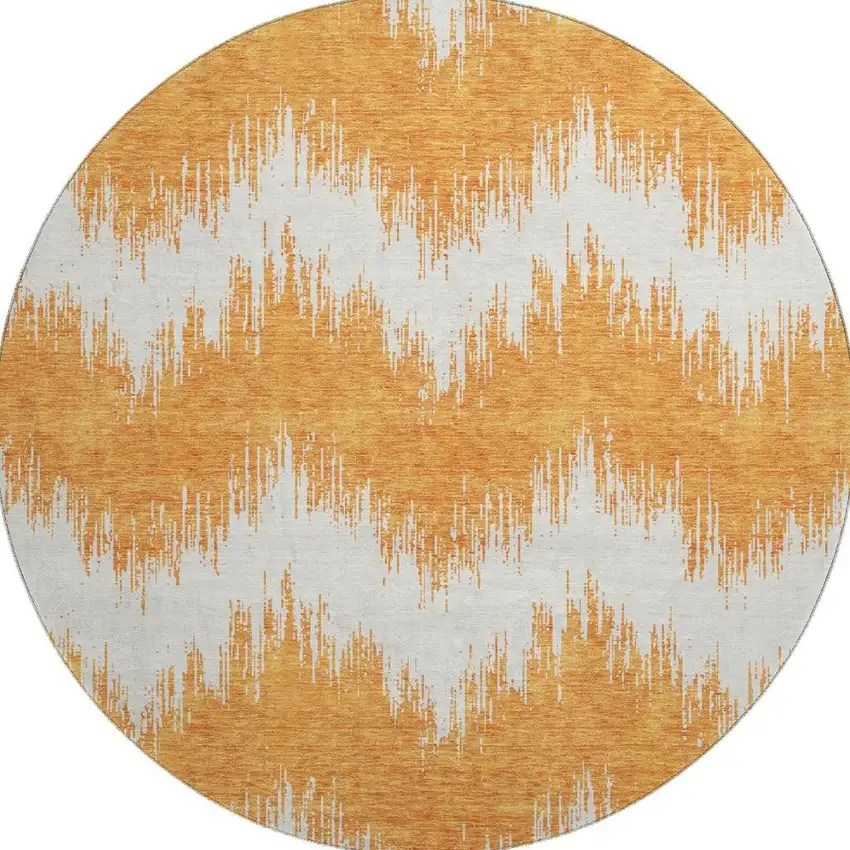 8' Orange And Ivory Chevron Washable Round Rug With UV Protection Photo 4