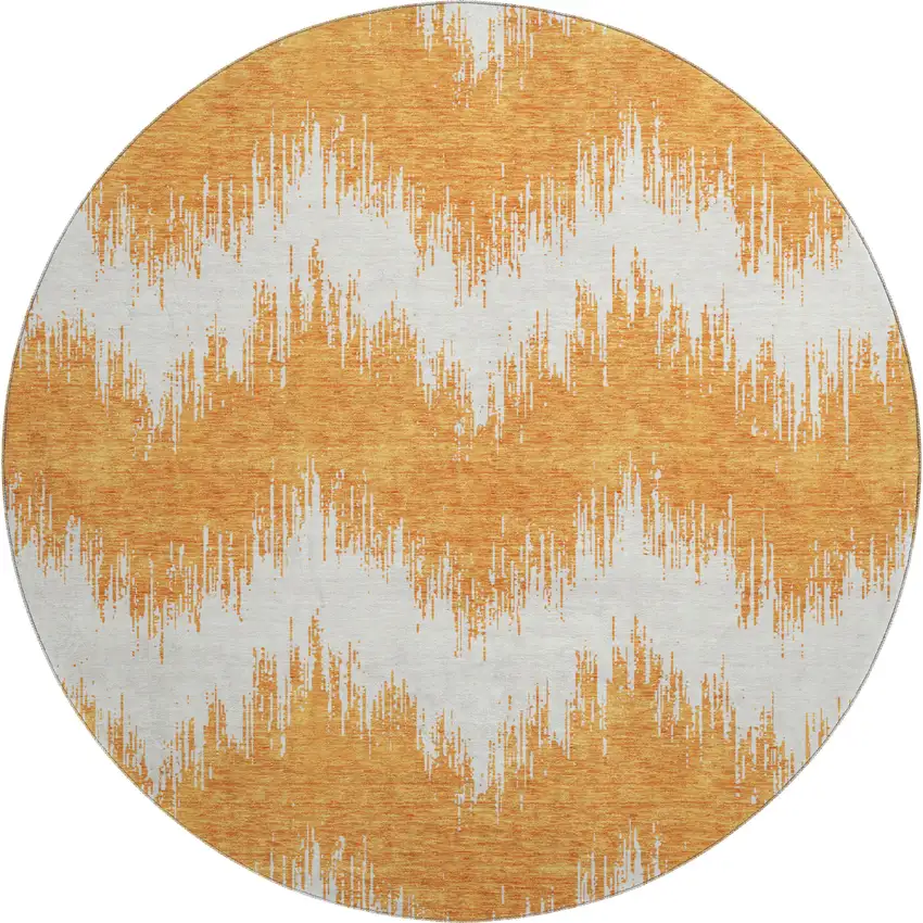 8' Orange And Ivory Chevron Washable Round Rug With UV Protection Photo 1