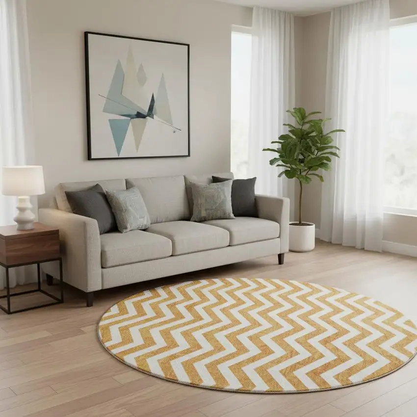 8' Orange And Ivory Chevron Washable Round Rug With UV Protection Photo 2