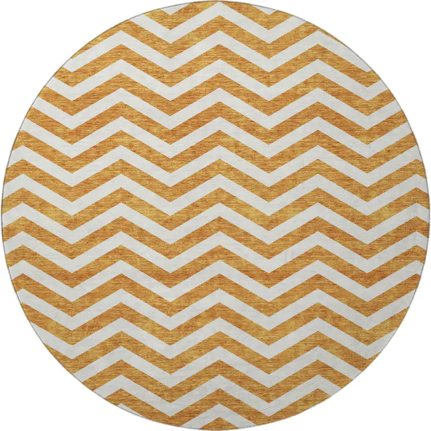 8' Orange And Ivory Chevron Washable Round Rug With UV Protection Photo 4