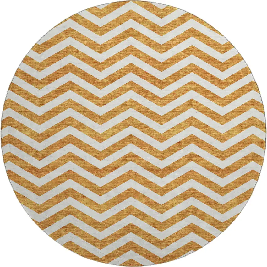8' Orange And Ivory Chevron Washable Round Rug With UV Protection Photo 1