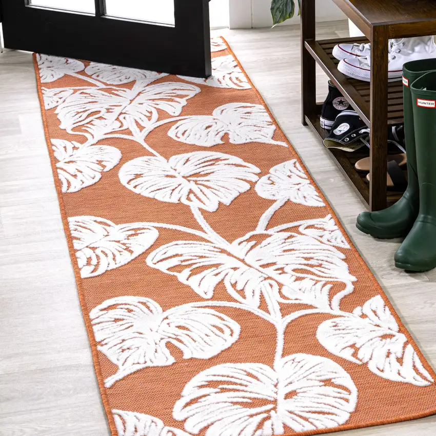 8' Orange And Ivory Floral Indoor Outdoor Runner Rug Photo 4