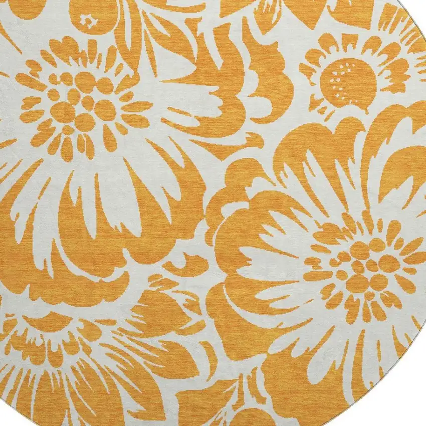 8' Orange And Ivory Floral Washable Round Rug With UV Protection Photo 3