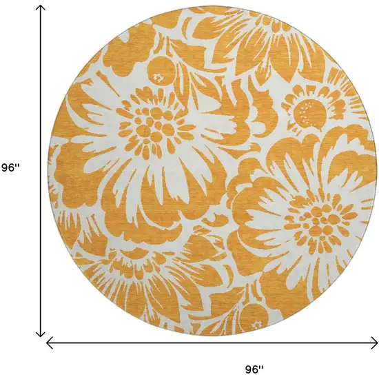 8' Orange And Ivory Floral Washable Round Rug With UV Protection Photo 9