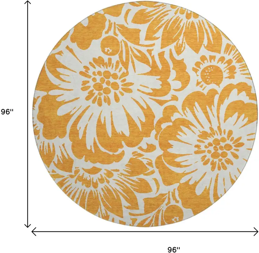 8' Orange And Ivory Floral Washable Round Rug With UV Protection Photo 9