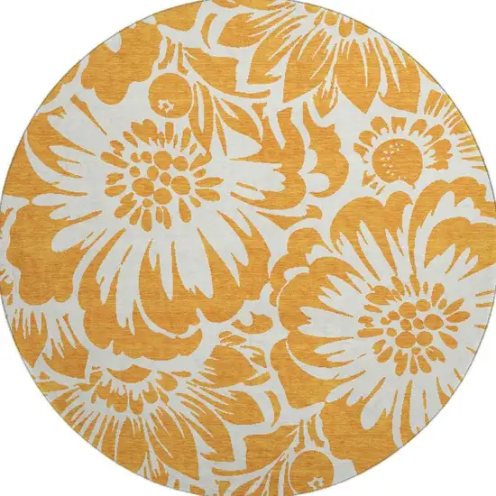 8' Orange And Ivory Floral Washable Round Rug With UV Protection Photo 4
