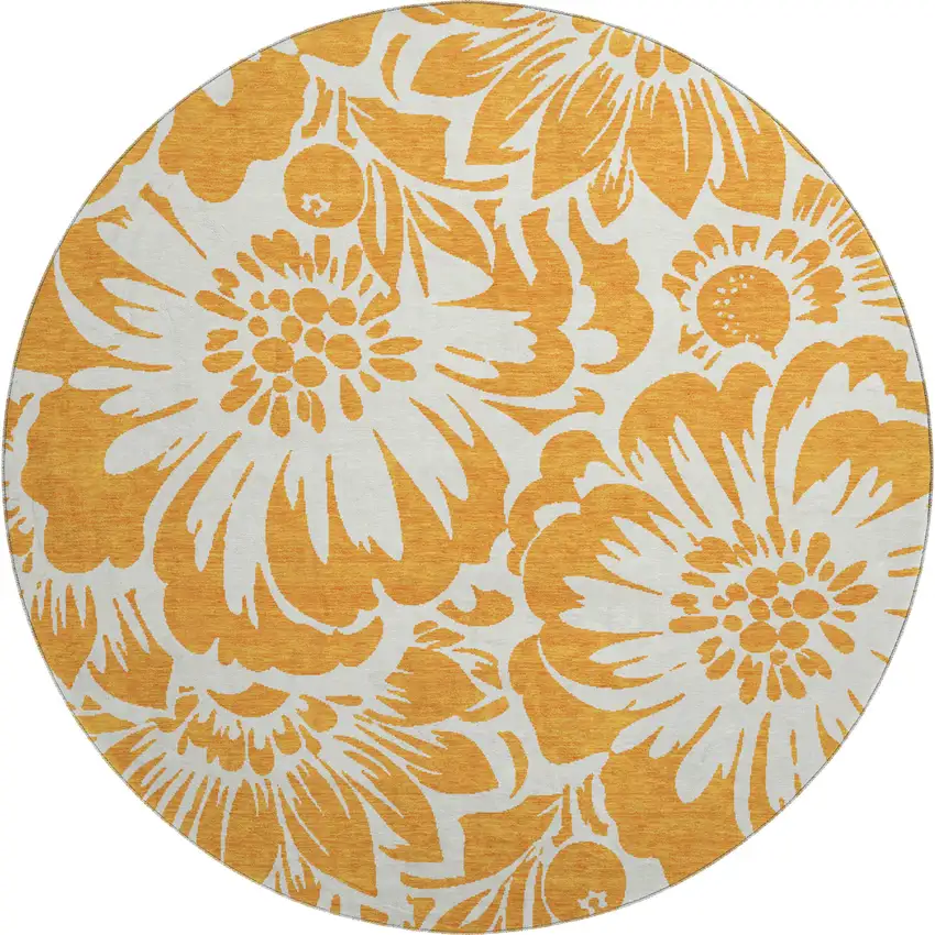 8' Orange And Ivory Floral Washable Round Rug With UV Protection Photo 1