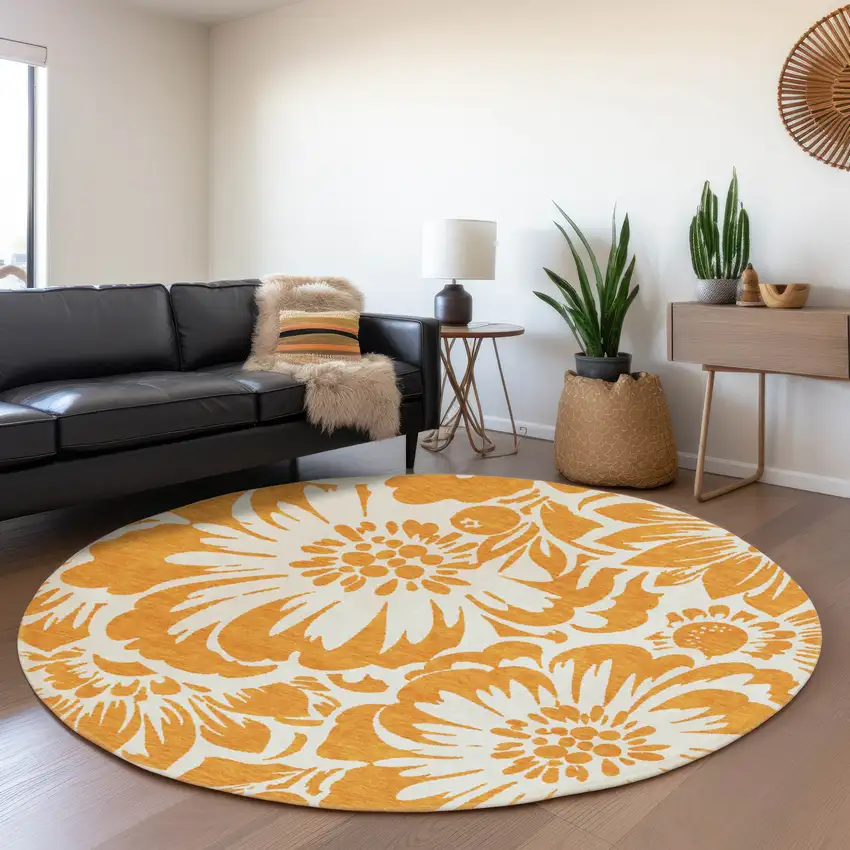 8' Orange And Ivory Floral Washable Round Rug With UV Protection Photo 5