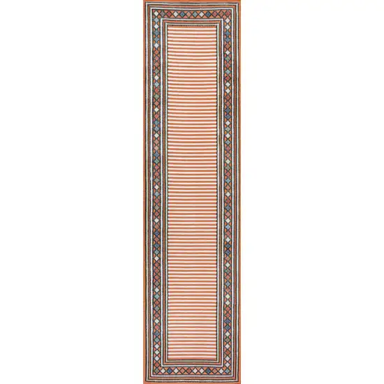 8' Orange And Ivory Geometric Indoor Outdoor Runner Rug Photo 3