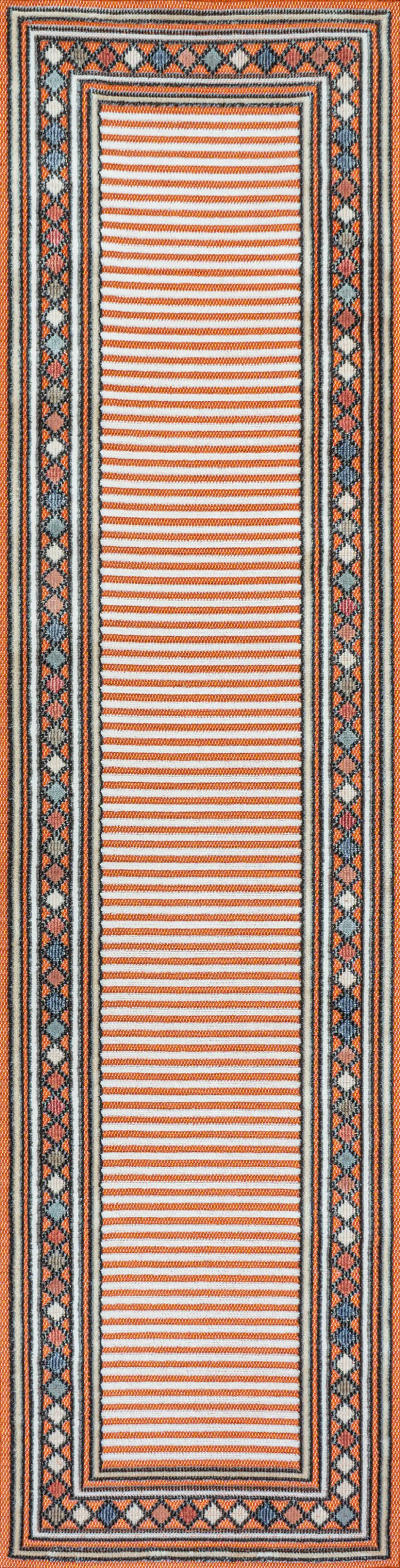 8' Orange And Ivory Geometric Indoor Outdoor Runner Rug Photo 3