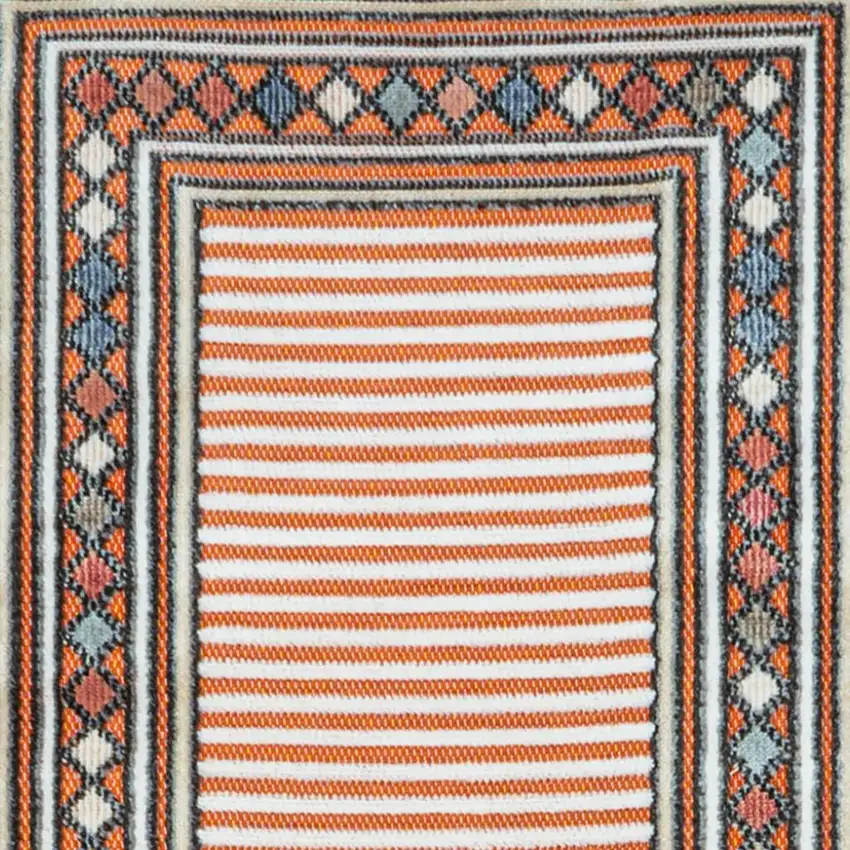 8' Orange And Ivory Geometric Indoor Outdoor Runner Rug Photo 2