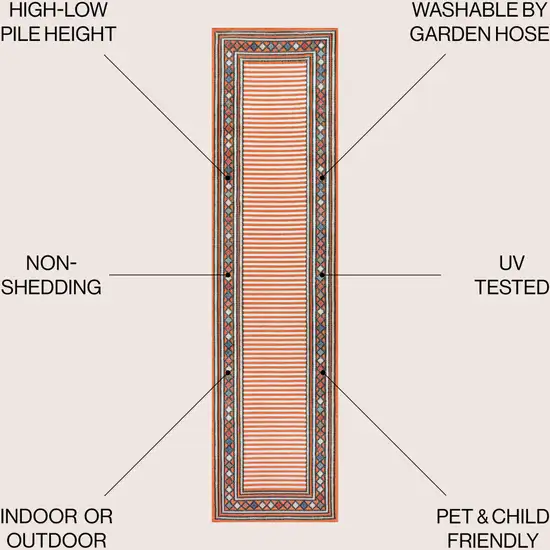 8' Orange And Ivory Geometric Indoor Outdoor Runner Rug Photo 7