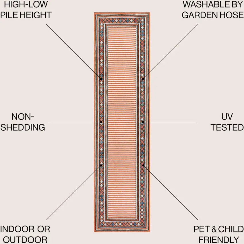 8' Orange And Ivory Geometric Indoor Outdoor Runner Rug Photo 7