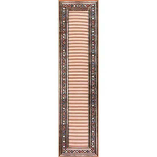 8' Orange And Ivory Geometric Indoor Outdoor Runner Rug Photo 1