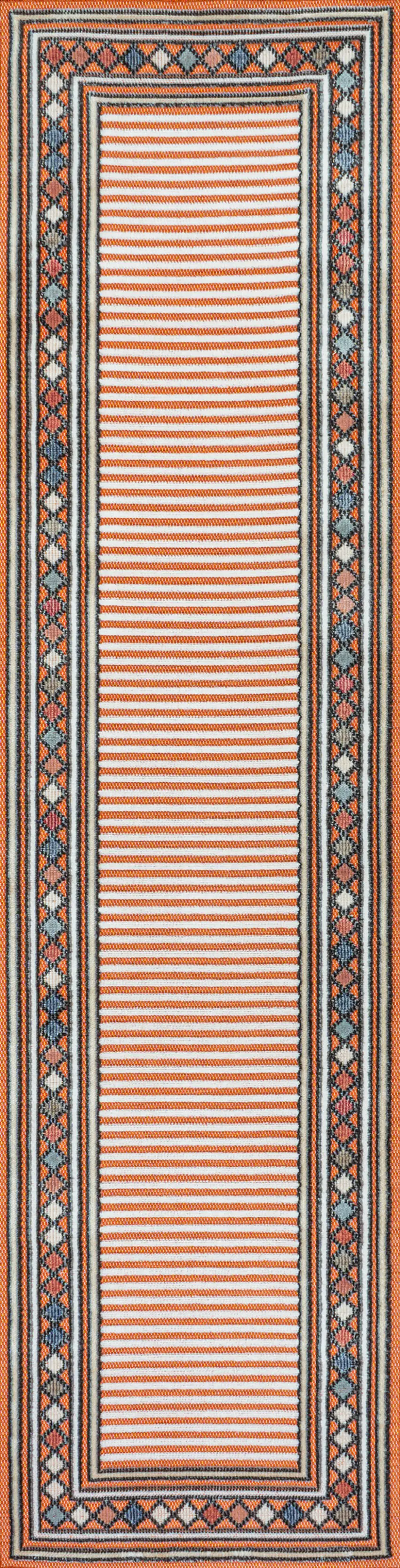 8' Orange And Ivory Geometric Indoor Outdoor Runner Rug Photo 1