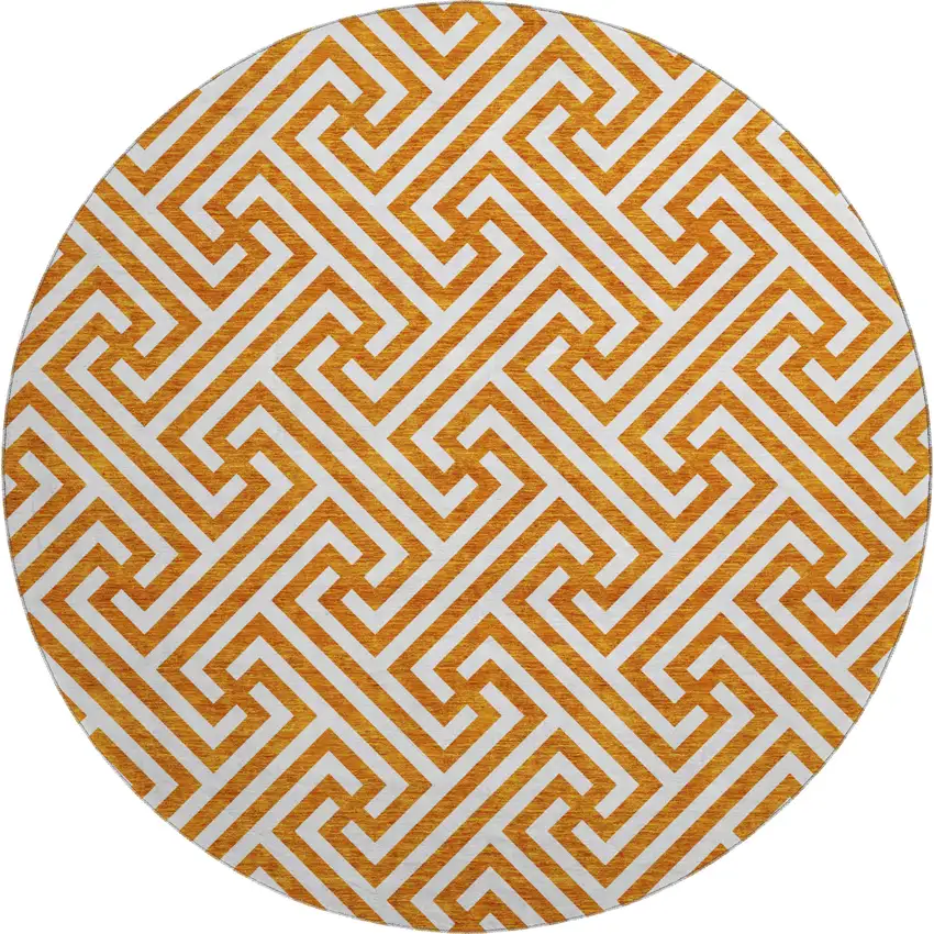 8' Orange And Ivory Geometric Washable Round Rug With UV Protection Photo 1