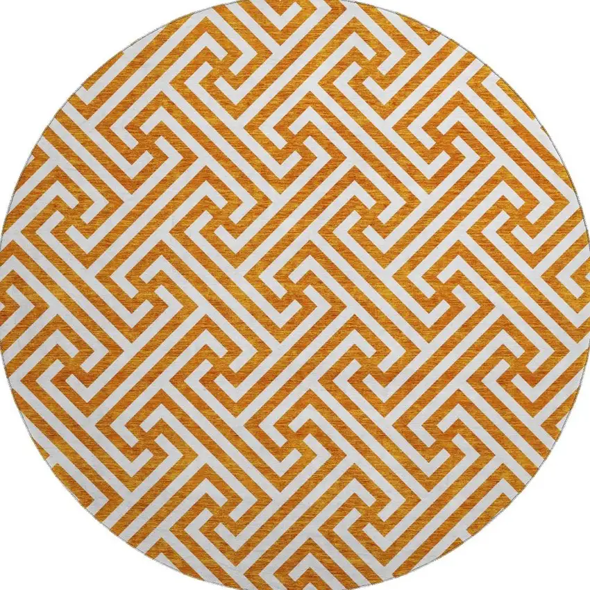8' Orange And Ivory Geometric Washable Round Rug With UV Protection Photo 4