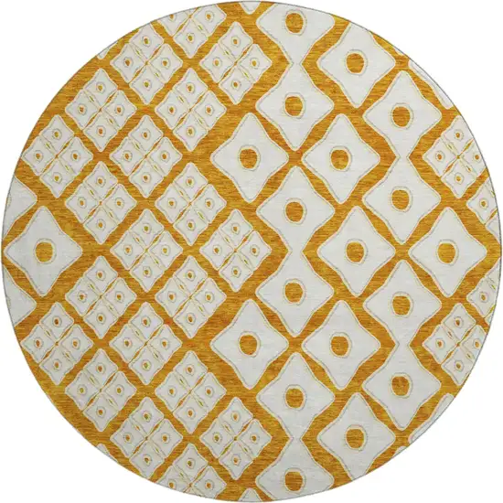 8' Orange And Ivory Geometric Washable Round Rug With UV Protection Photo 2