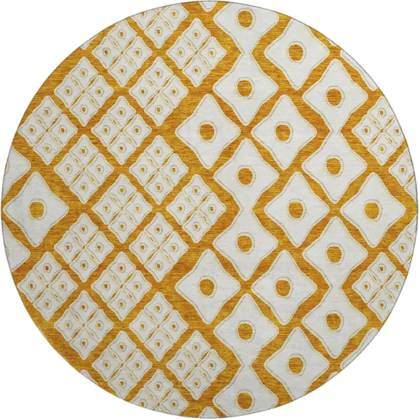 8' Orange And Ivory Geometric Washable Round Rug With UV Protection Photo 2