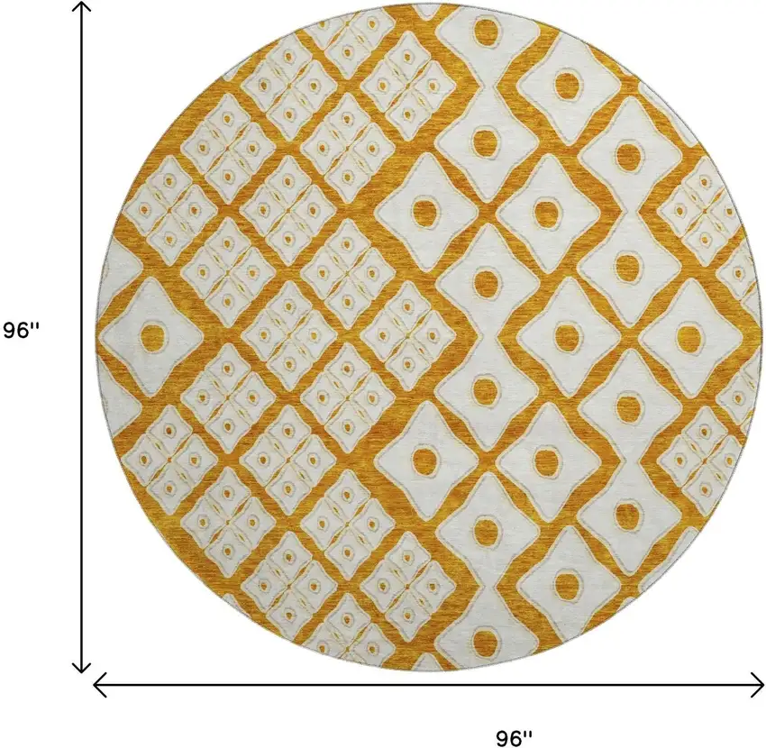 8' Orange And Ivory Geometric Washable Round Rug With UV Protection Photo 3