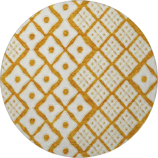 8' Orange And Ivory Geometric Washable Round Rug With UV Protection Photo 5