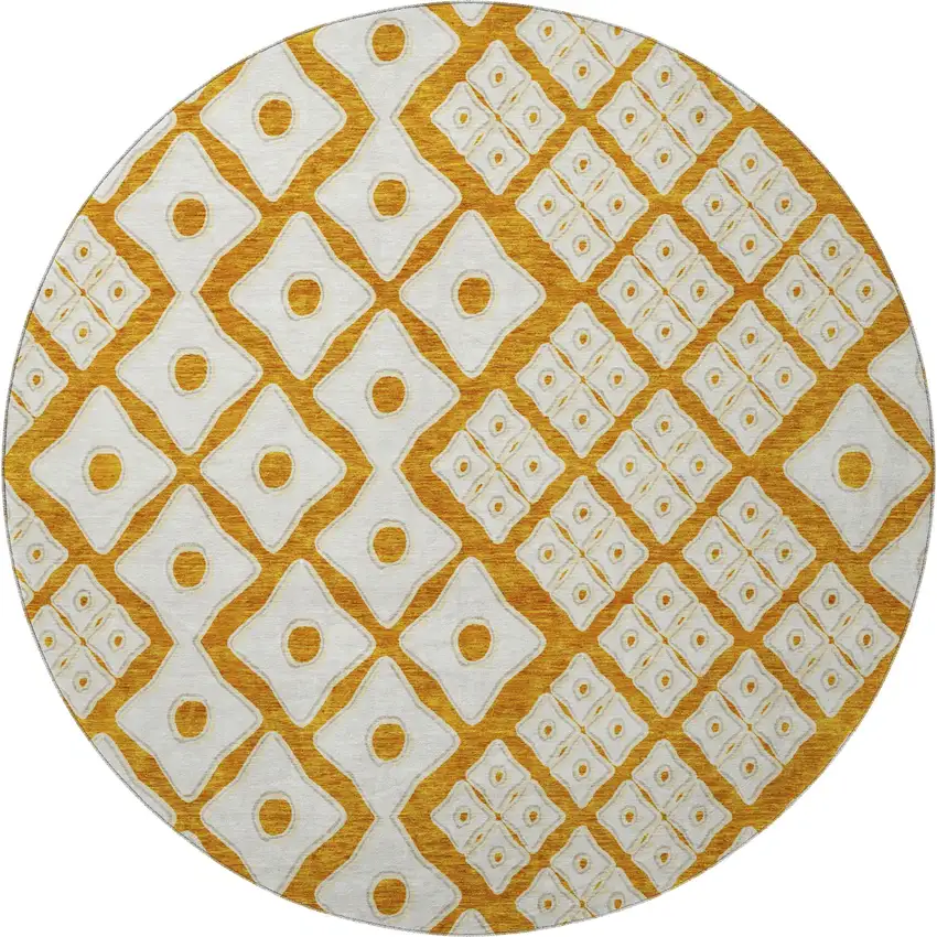 8' Orange And Ivory Geometric Washable Round Rug With UV Protection Photo 5