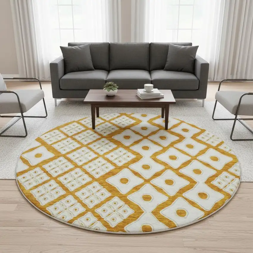 8' Orange And Ivory Geometric Washable Round Rug With UV Protection Photo 1