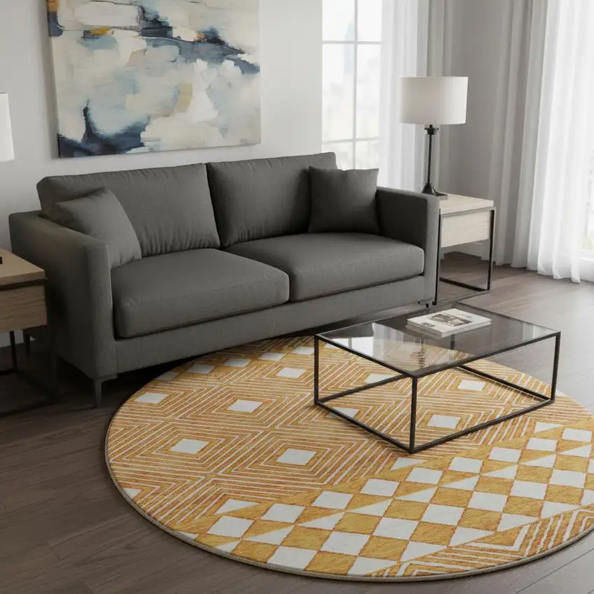 8' Orange And Ivory Geometric Washable Round Rug With UV Protection Photo 2