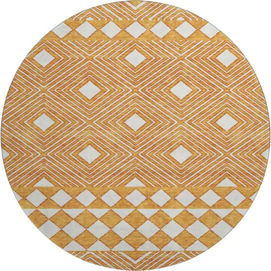 8' Orange And Ivory Geometric Washable Round Rug With UV Protection Photo 1