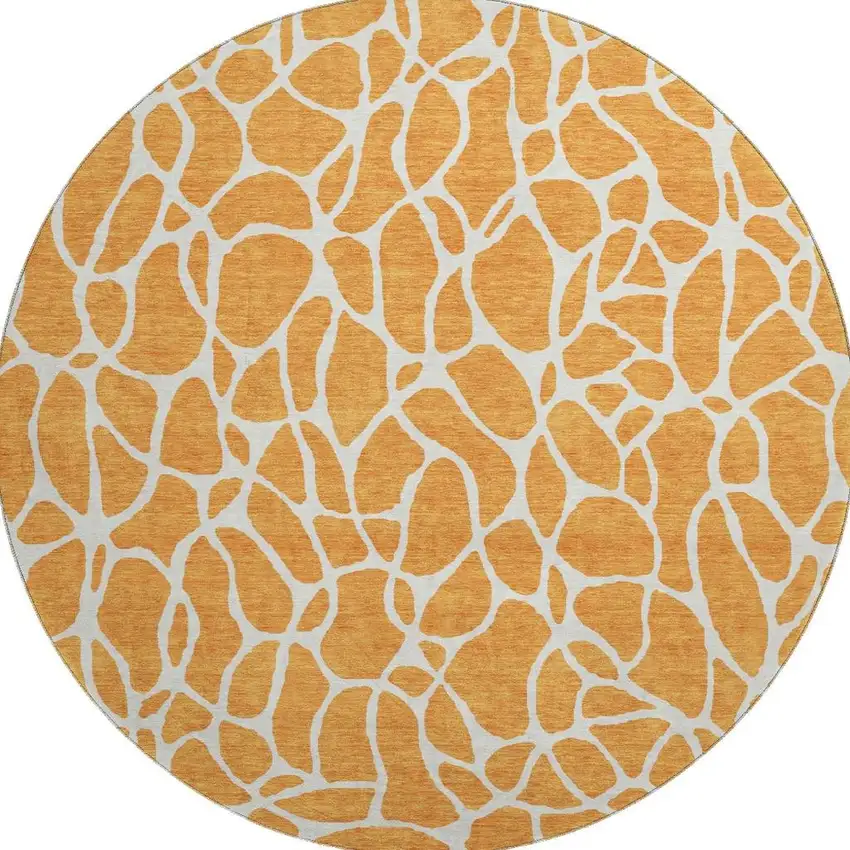 8' Orange And Ivory Geometric Washable Round Rug With UV Protection Photo 4
