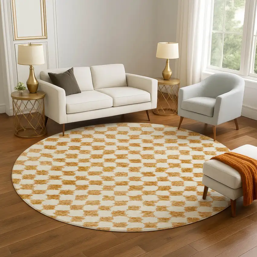 8' Orange And Ivory Geometric Washable Round Rug With UV Protection Photo 5