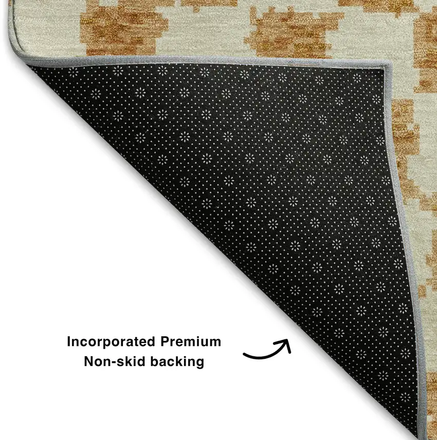 8' Orange And Ivory Geometric Washable Round Rug With UV Protection Photo 6