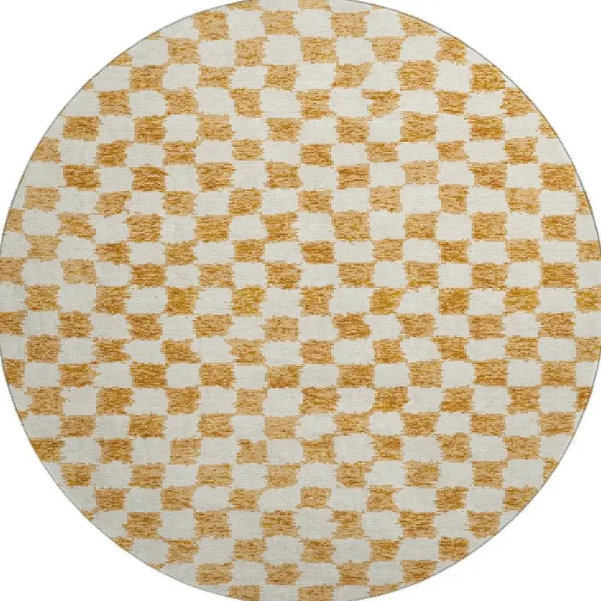 8' Orange And Ivory Geometric Washable Round Rug With UV Protection Photo 4