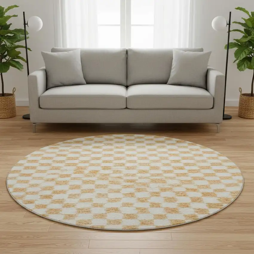 8' Orange And Ivory Geometric Washable Round Rug With UV Protection Photo 2