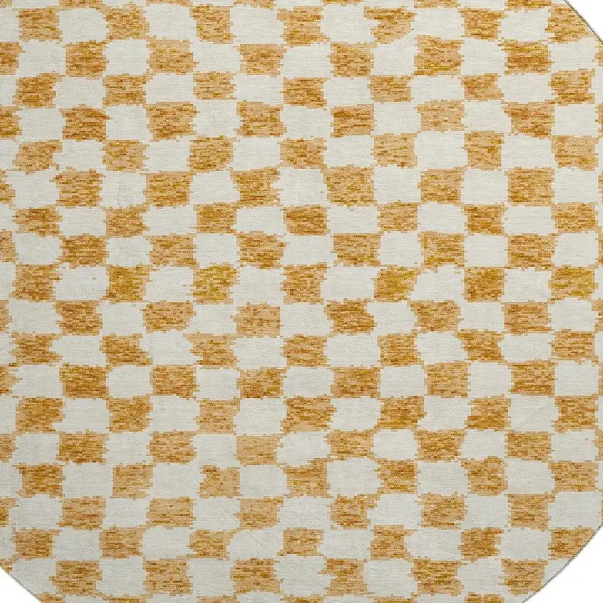8' Orange And Ivory Geometric Washable Round Rug With UV Protection Photo 3
